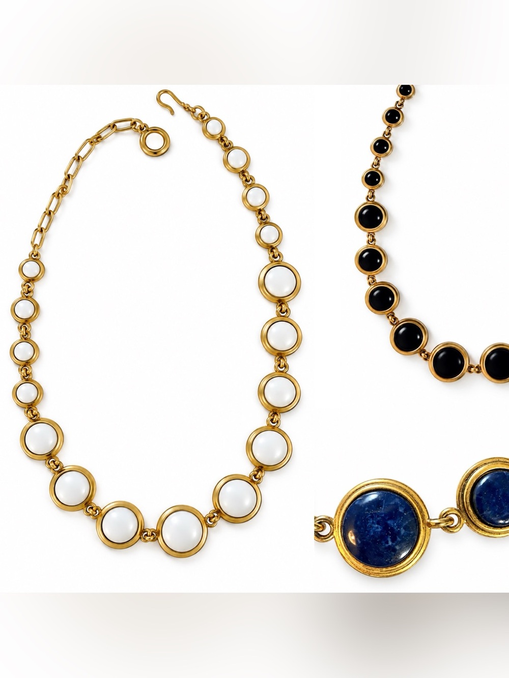 Classic blue and white stone necklace with gold tone metal bezels, chain- 20"